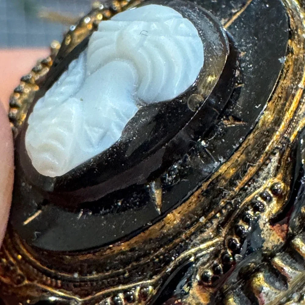 Vintage Ornate Cameo Brooch Faux Pearl Gold Tone Victorian Style Fleur de Lis